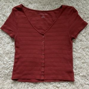 Red button up cropped American Eagle T-shirt